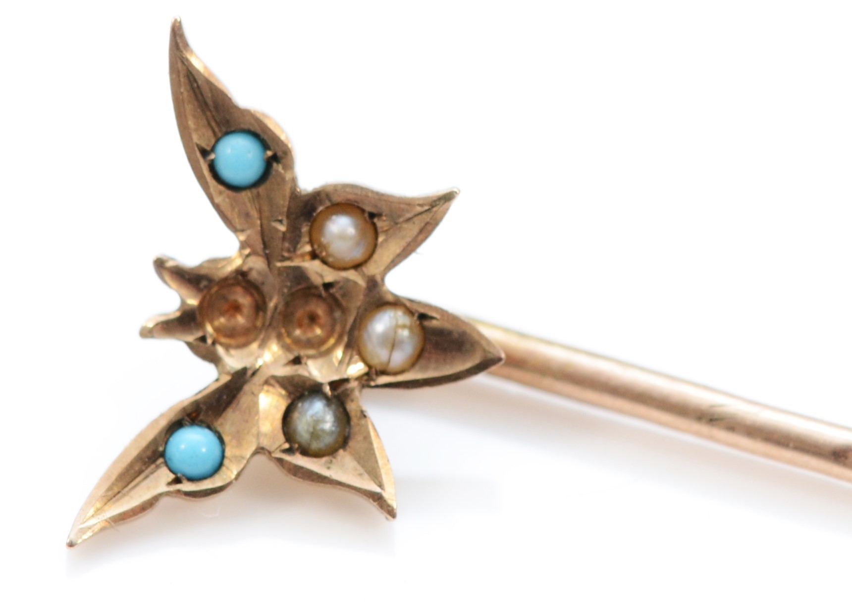 Murrle Bennett & Co., a turquoise and pearl butterfly stickpin, two settings vacant, stamped to - Image 2 of 3