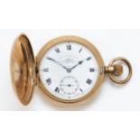 Thomas Russell & Son, a gold plated keyless wind full hunter pocket watch, 50mm, working but not