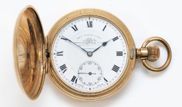 Thomas Russell & Son, a gold plated keyless wind full hunter pocket watch, 50mm, working but not