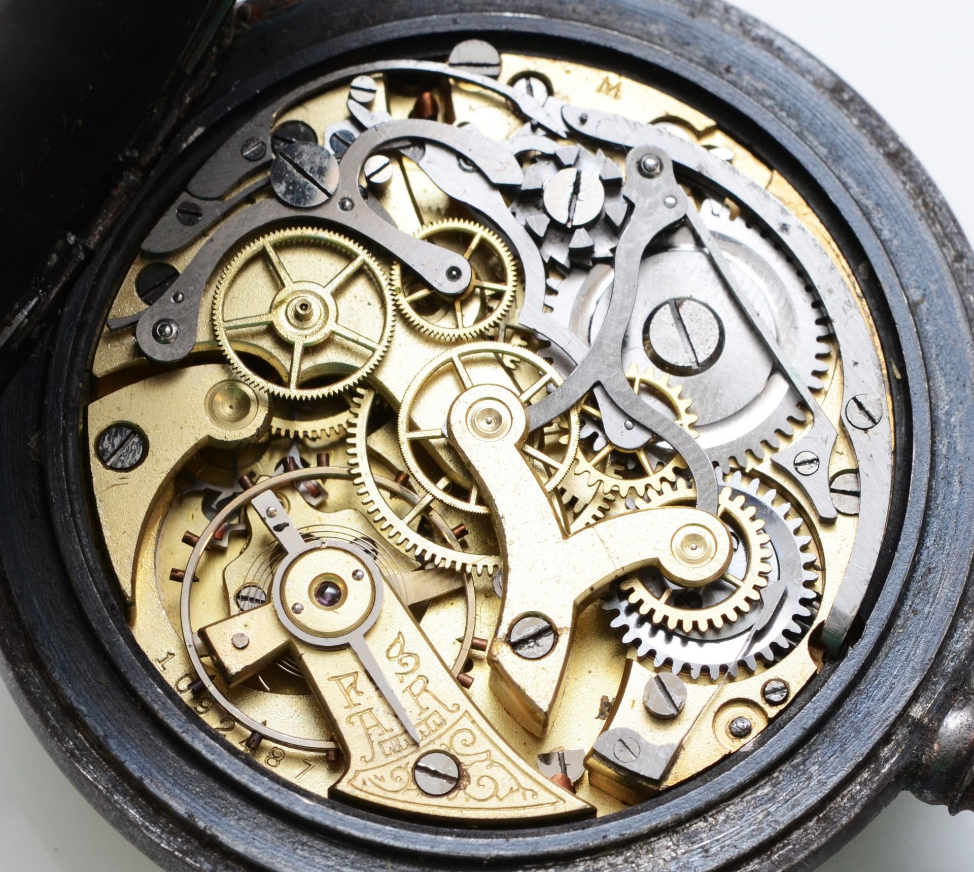 Un-named, a gun metal keyless wind open face stop second pocket watch, two subsidiary second - Image 3 of 3