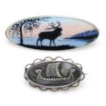 A Norwegian 925 silver and guilloche enamel stag oval brooch, 44 x 17mm, and a 830 silver Viking