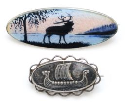 A Norwegian 925 silver and guilloche enamel stag oval brooch, 44 x 17mm, and a 830 silver Viking