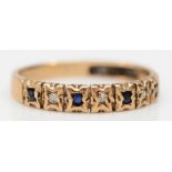 A 9ct gold sapphire and diamond seven stone ring, M, 1.7gm