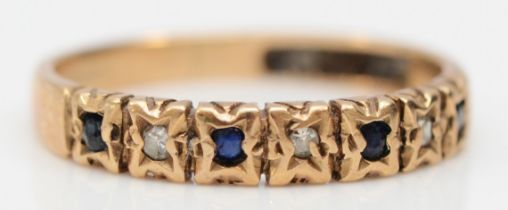 A 9ct gold sapphire and diamond seven stone ring, M, 1.7gm