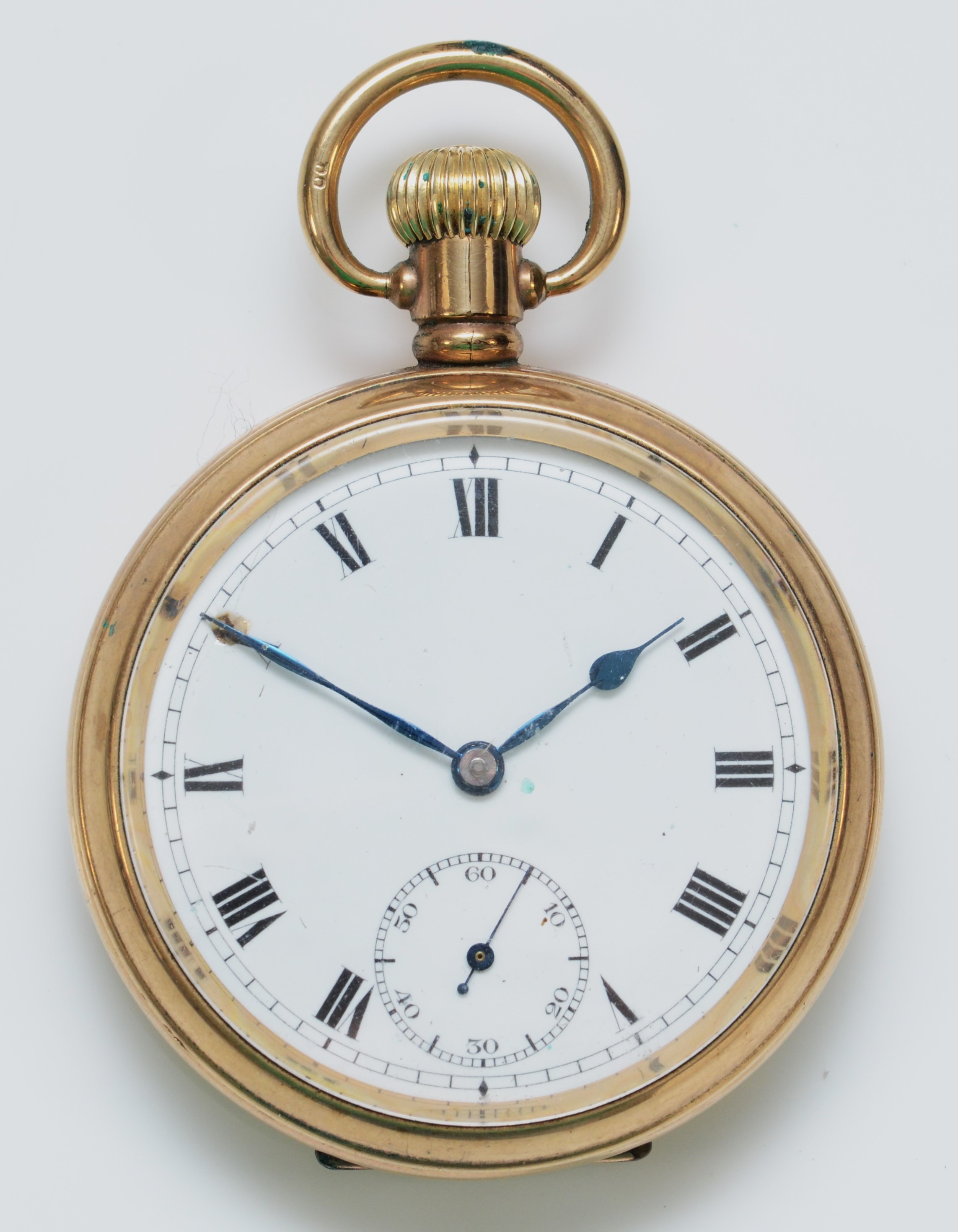 Record, a gold plated manual wind open face pocket watch, 15 jewel Swiss movement, engraved back