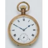Record, a gold plated manual wind open face pocket watch, 15 jewel Swiss movement, engraved back
