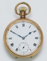 Record, a gold plated manual wind open face pocket watch, 15 jewel Swiss movement, engraved back