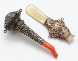 A William IV part silver and coral rattle, Birmingham 1830, lacking whistle and bells and a silver