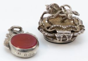 A silver, bloodstone and carrnelian swivel fob, Birmingham 1906 and another later example with horse