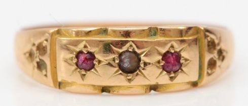 A Victorian 15ct rose gold ruby and pearl ring, marks worn, c.1890, N, 2gm