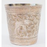 An Indian silver beaker, stamped 925, with embossed and chased elephant decoration, 8cm, 74gms