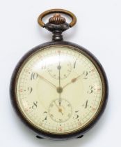 Un-named, a gun metal keyless wind open face stop second pocket watch, two subsidiary second