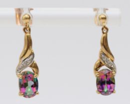 A 9ct gold pair of mystic topaz and diamond ear rings, 19mm, 1.7gm