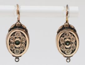 A gold cased and black enamel pair of 19th century Continental ear pendants, possibly Swiss, lacking