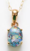 A 9ct gold mounted opal triplet pendant, chain, 1.1gm