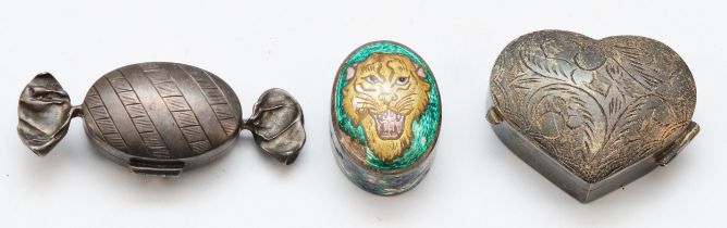 A 925 silver and enamel oval lions head box, and two other 925 silver pill boxes, 38gms.