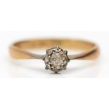 A 9ct gold and platinum old cut diamond single stone ring, L, 1.4gm