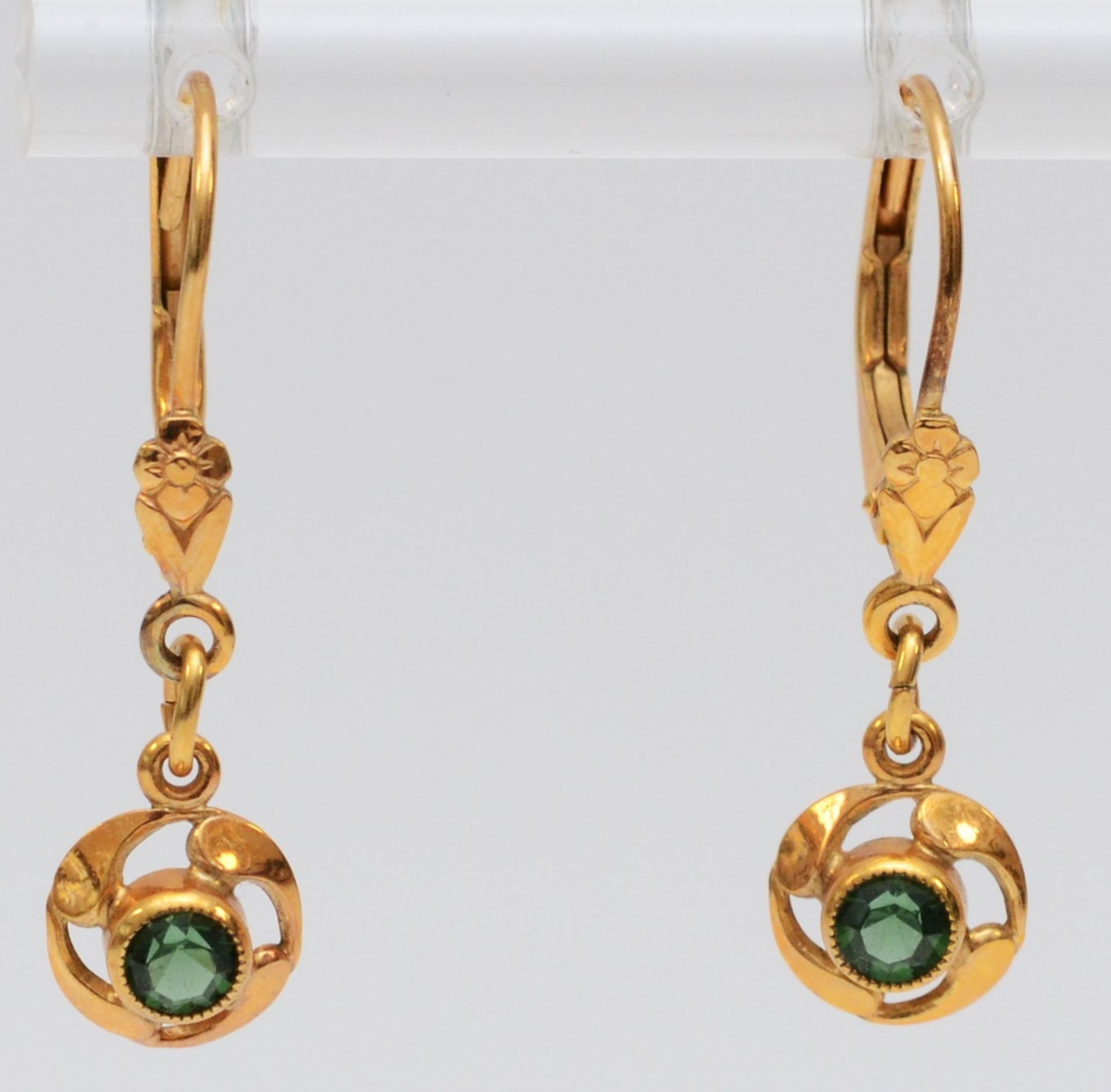 A 9ct gold emerald and diamond three stone ring, P, 1.5gms and a pair of rolled gold ear rings. - Image 3 of 3