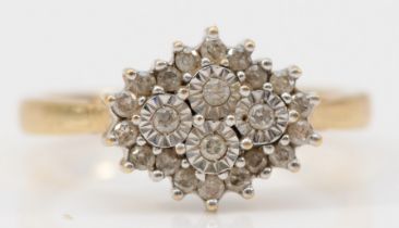 A 9ct gold and single cut diamond cluster ring, stated weight 0.25cts, N, 2.9gm