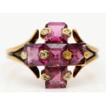 A 9ct gold garnet and diamond chip dress ring, two settings vacant, P, 3.3gm