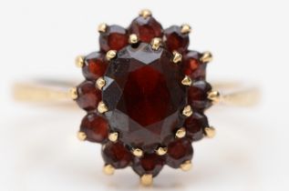 A 9ct gold and garnet cluster ring, L, 2.8gm