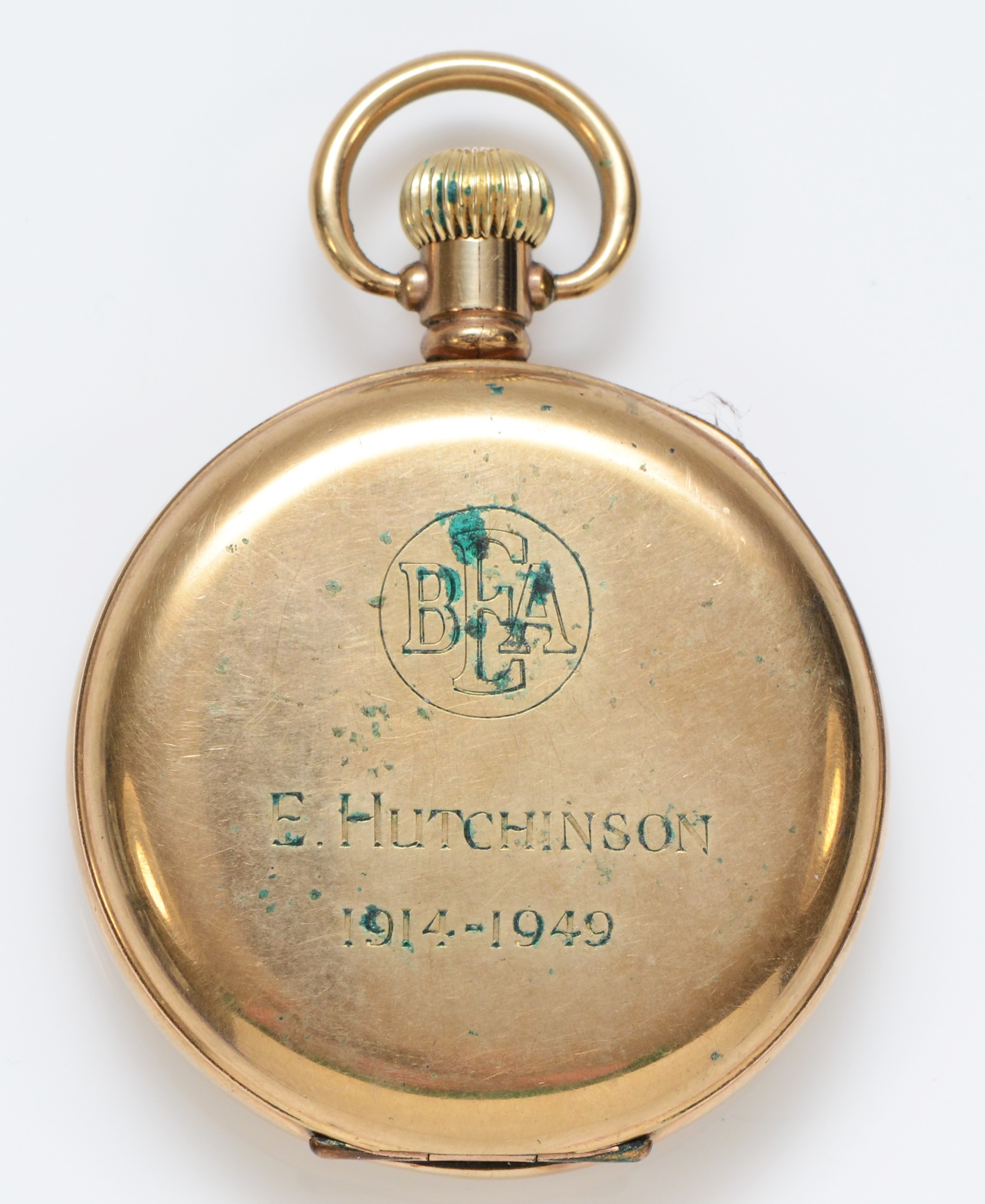 Record, a gold plated manual wind open face pocket watch, 15 jewel Swiss movement, engraved back - Image 2 of 3