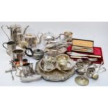 A Victorian EPBM three piece coffee set and other plated wares