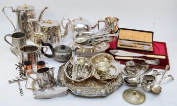 A Victorian EPBM three piece coffee set and other plated wares
