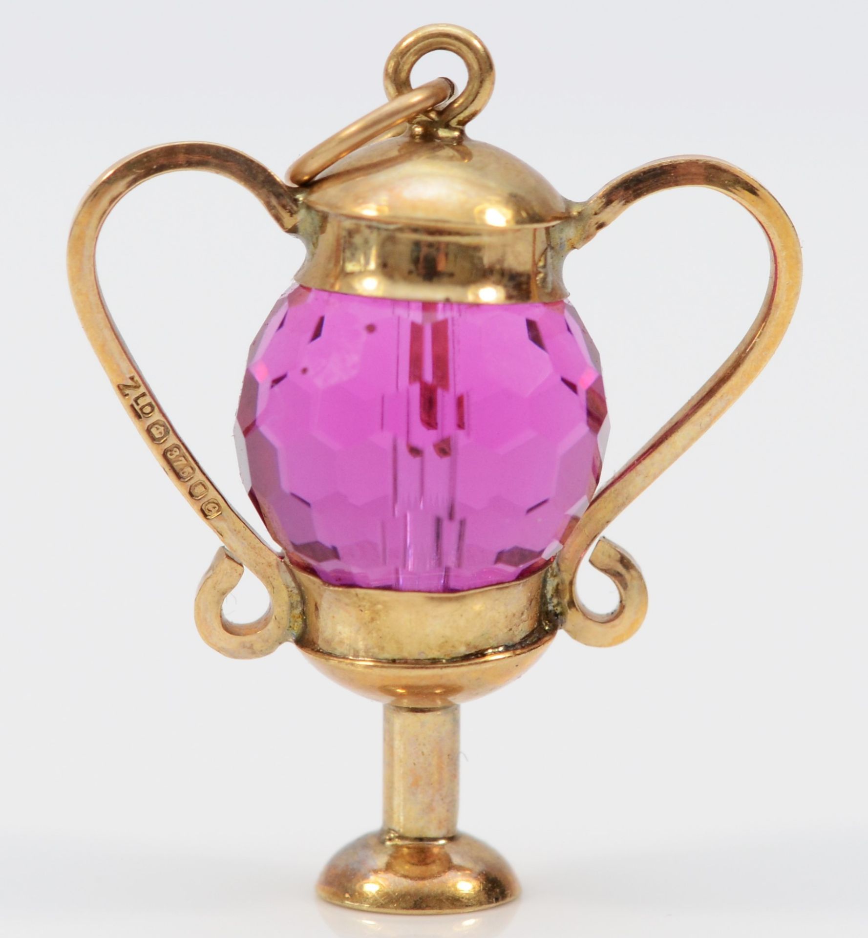 A 9ct gold and amethyst glass urn shape charm, 25mm, 4.4gm - Image 2 of 2