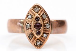 A 9ct rose gold red paste and diamond chip ring, London 1900, Q 1/2, 3.1gm, the shank appears to
