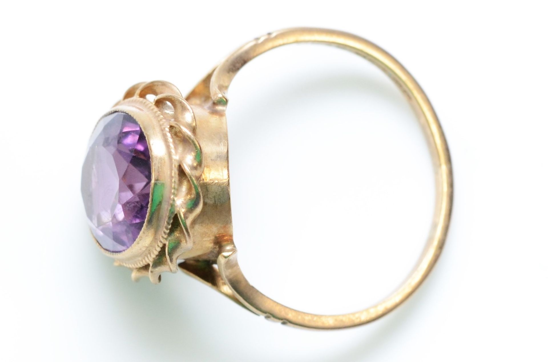 A vintage 9ct gold and amethyst dress ring, stone 12 x 10mm, O, 3.6gm - Image 2 of 2