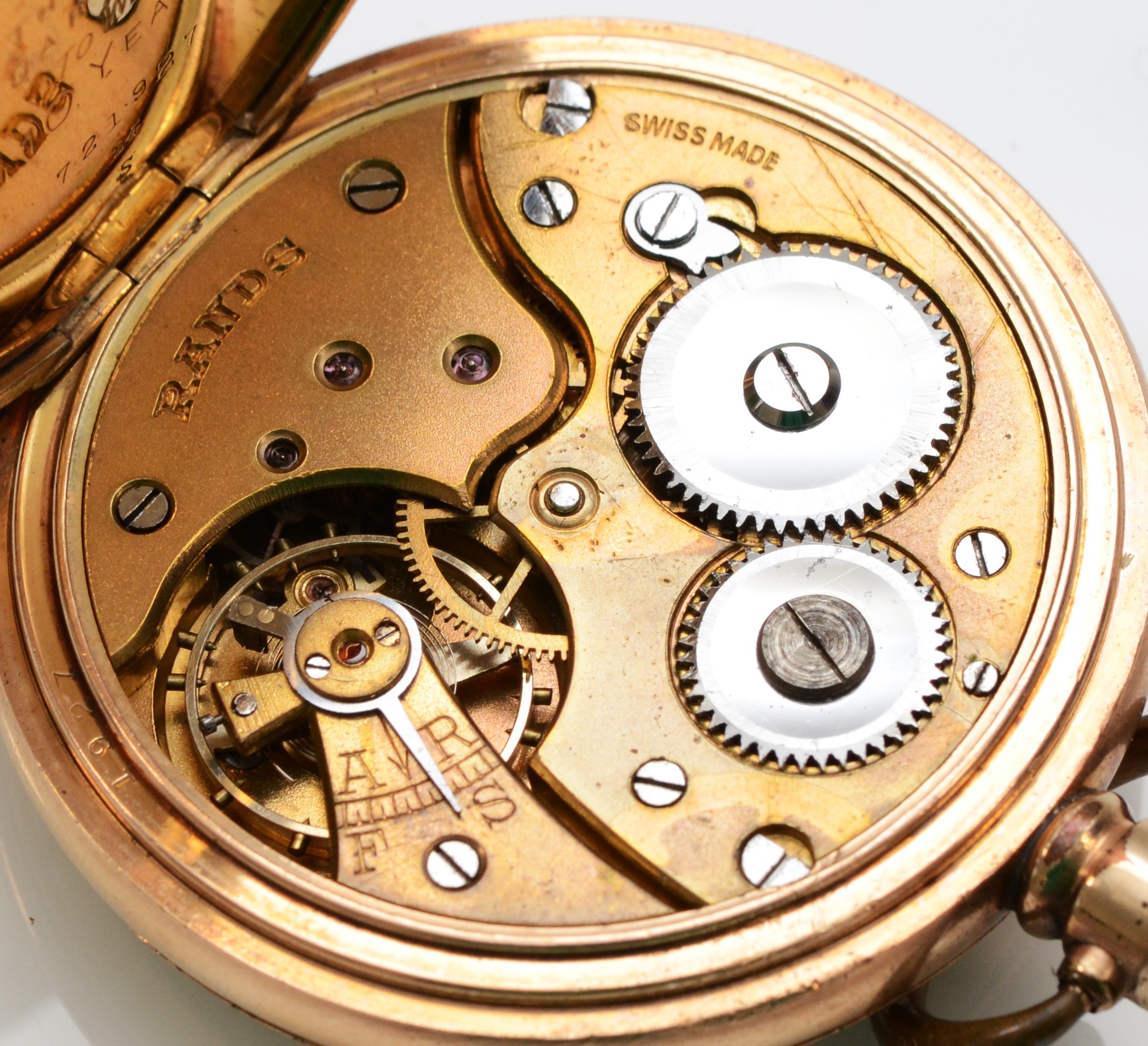 Rands, a gold plated keyless wind open face pocket watch, Swiss movement, 50mm, case, working when - Image 5 of 5