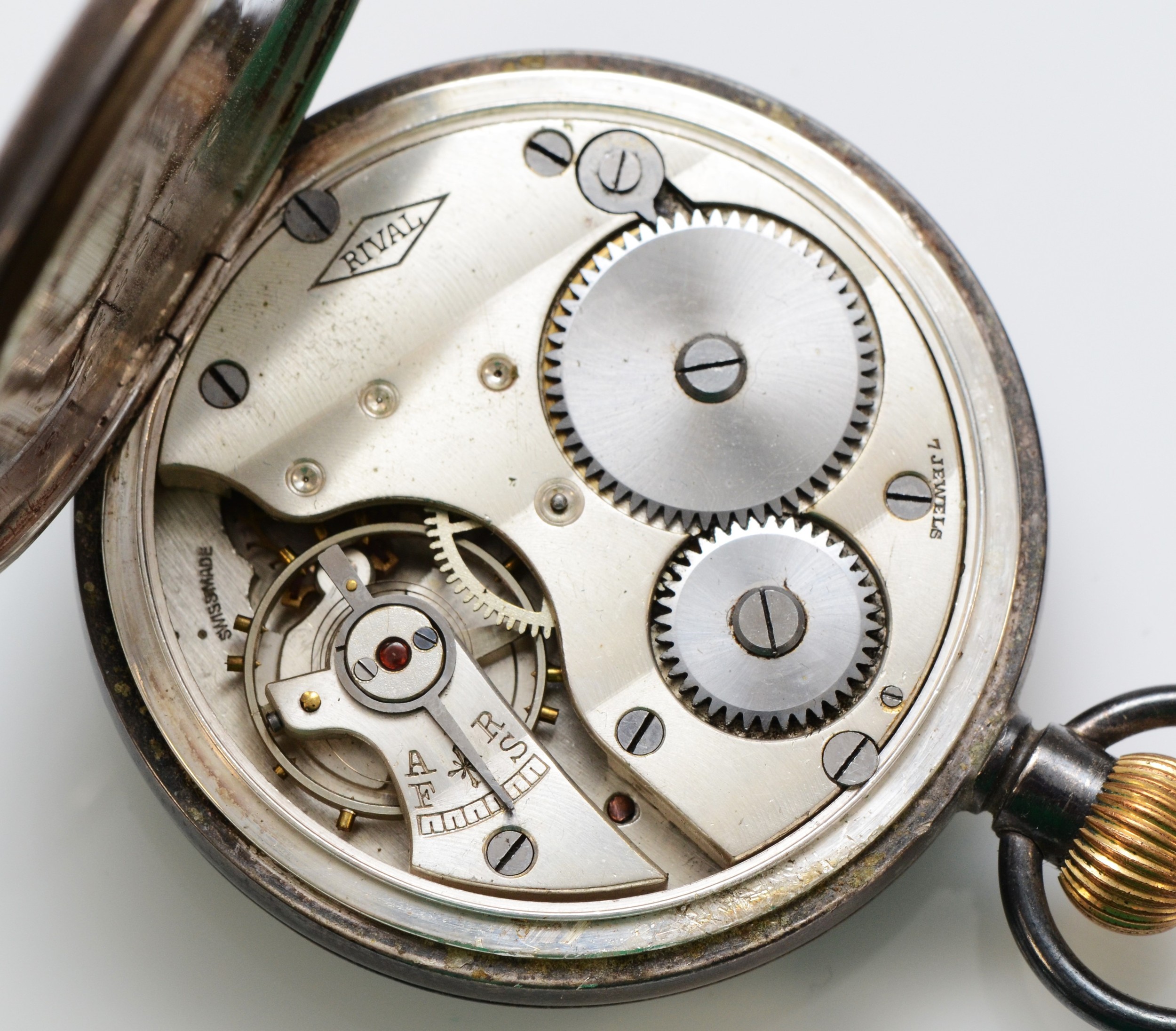 Rival, a silver keyless wind open face pocket watch, London import 1919, retailed by Wards Stores - Image 3 of 3