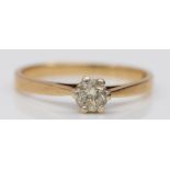 A 9ct gold and brilliant cut diamond single stone ring, approximately 0.20cts, J, 1.2gm