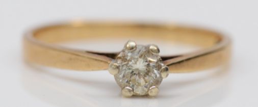 A 9ct gold and brilliant cut diamond single stone ring, approximately 0.20cts, J, 1.2gm