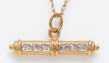 A 9ct gold and diamond set T bar pendant, chain, 3.1gm
