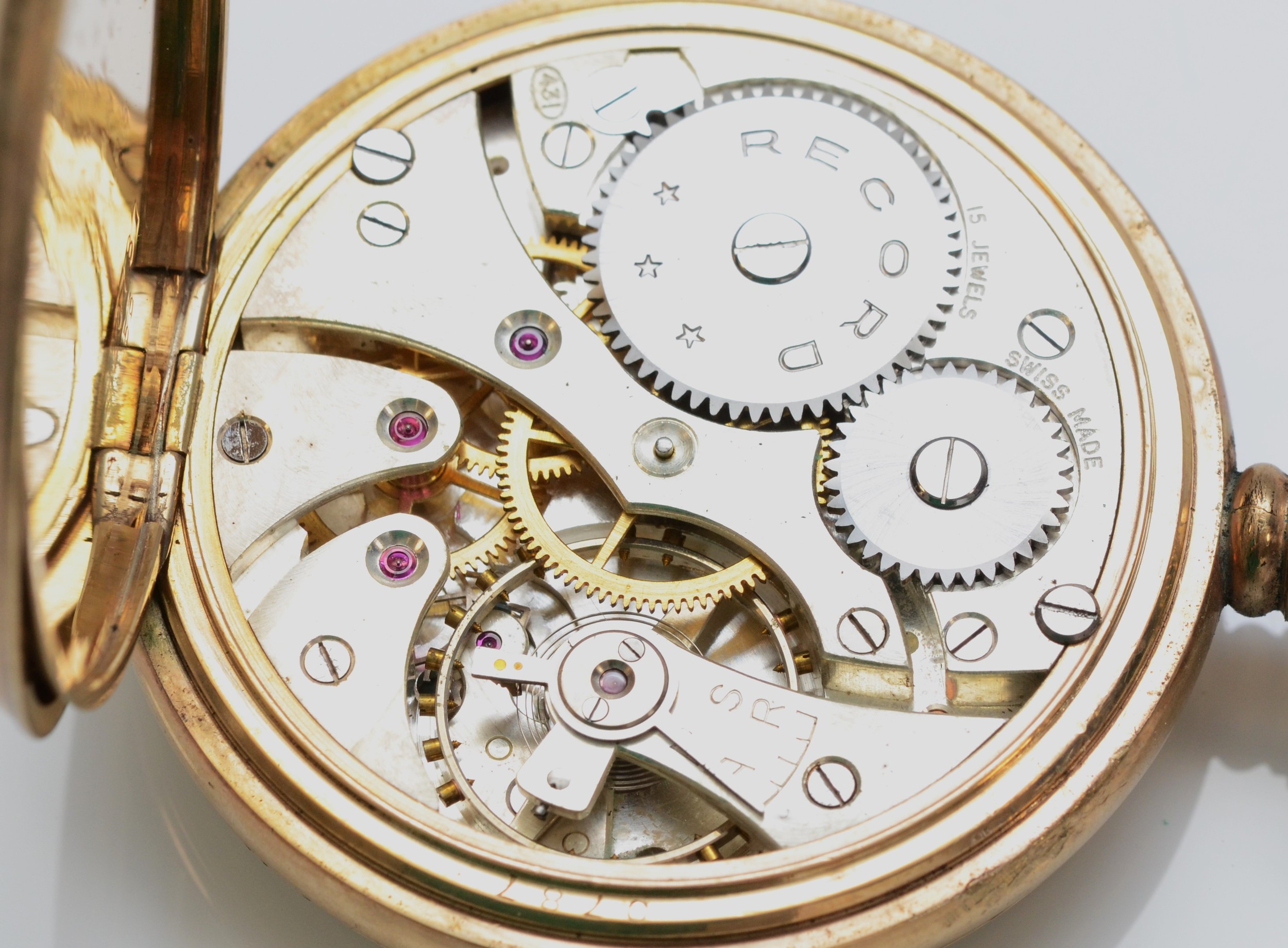 Record, a gold plated manual wind open face pocket watch, 15 jewel Swiss movement, engraved back - Image 3 of 3