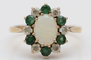 A 9ct gold, opal, emerald and white stone cluster ring, M, 2.2gm
