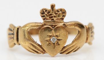 A vintage 9ct gold and diamond set Claddagh ring, K, 1.6gm