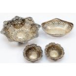 A Victorian silver bon bon dish, Birmingham 1898, 11.5cm, a pair of heart shape dishes, Birmingham