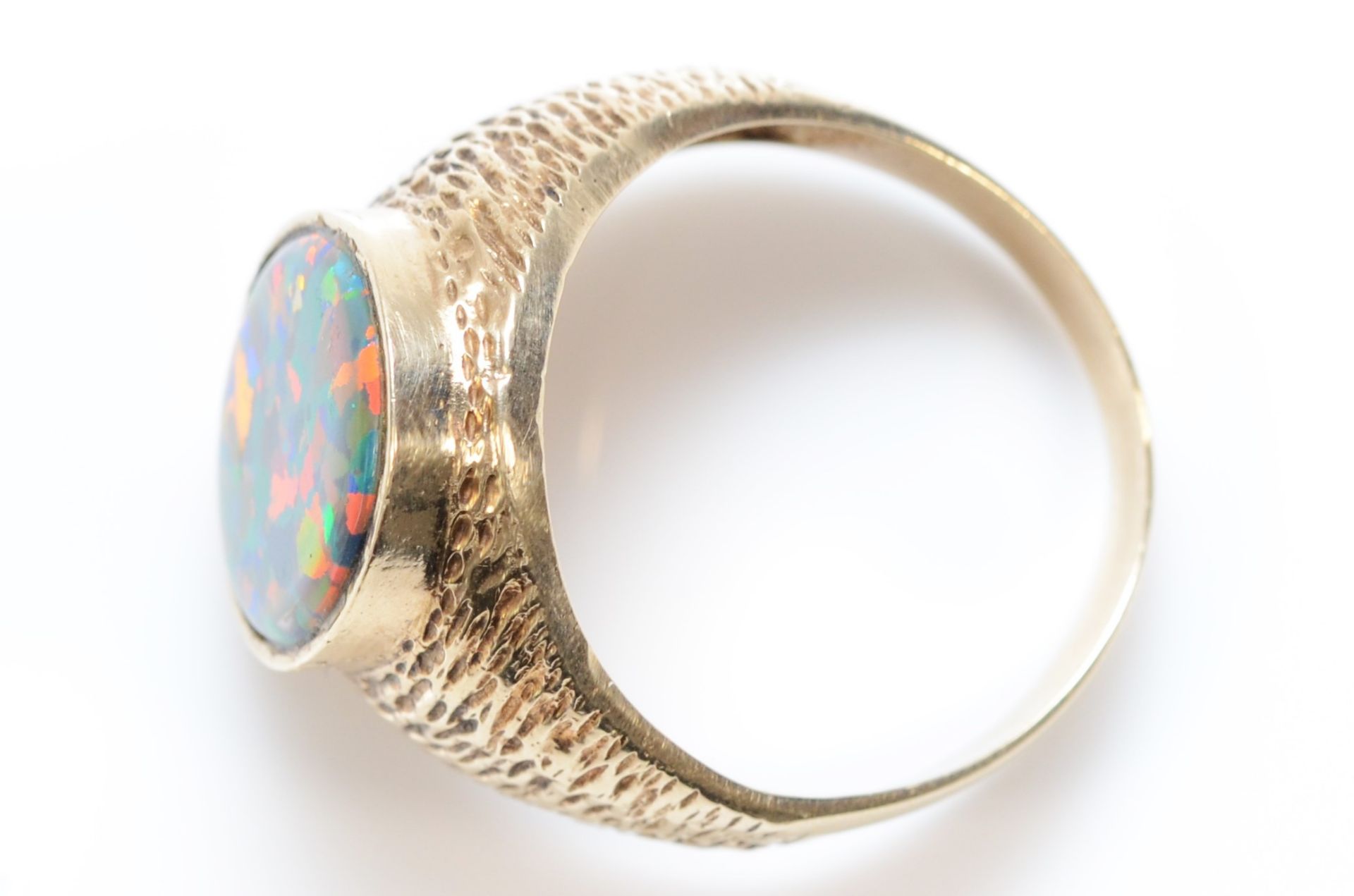 An unmarked 9ct gold and black opal doublet/triplet gentleman's signet ring, stone 18 x 14mm, - Image 2 of 7