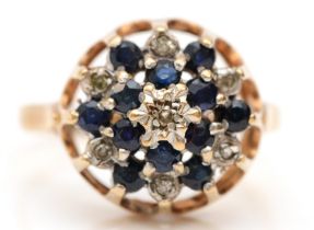 A 9ct gold sapphire and diamond cluster ring, K 1/2, 2.3gm