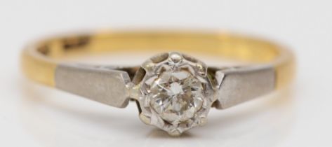 A vintage 18ct gold and platinum brilliant cut diamond single stone ring, K 1/2, 2.1gm