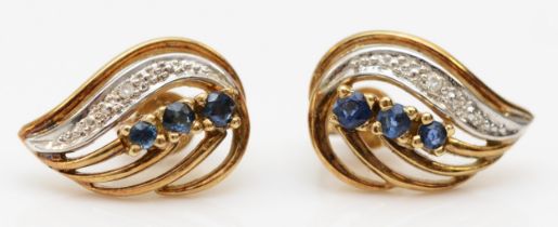 A 9ct gold pair of sapphire and diamond ear studs, 15mm, 2.6gm