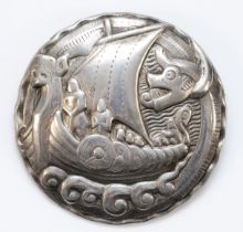 A Swedish silver, 830S, circular Viking longboat brooch, 43mm, 14gm