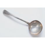 A George III silver bottom marked feather edge ladle, lion passant only, 17.5cm, 42gm