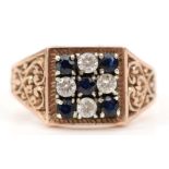 An unmarked 9ct rose gold, sapphire and white stone checkerboard panel ring, S, 4.5gm.