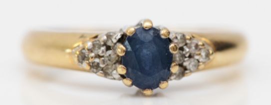 A 9ct gold sapphire and diamond ring, L, 1.8gm