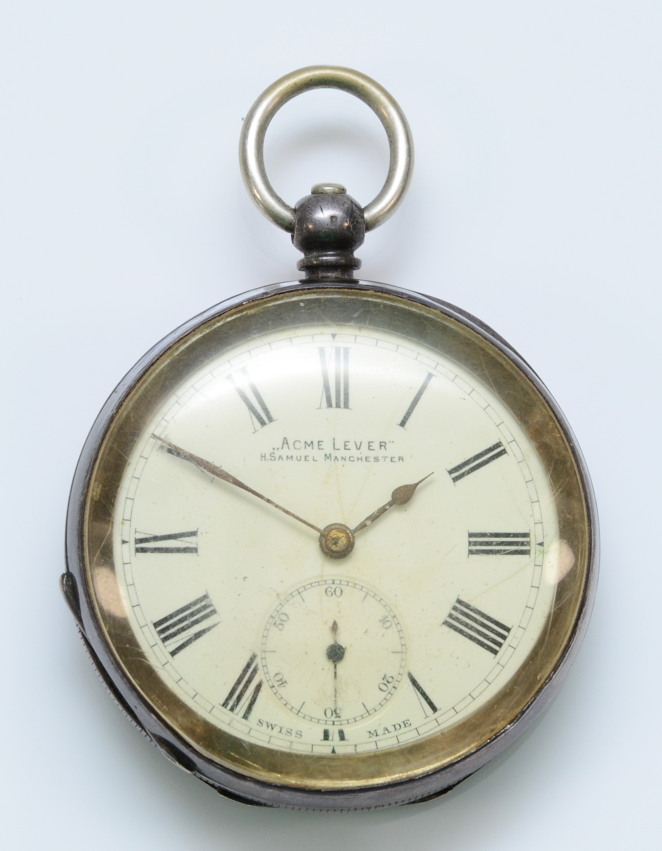 H.S. Samuel, a silver key wind open face pocket watch, London import 1907, Acme Lever Balance