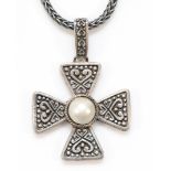 A 925 silver, 14K gold and pearl cross pendant 56 x 41mm, 41cm rope twist cahin, 53gm